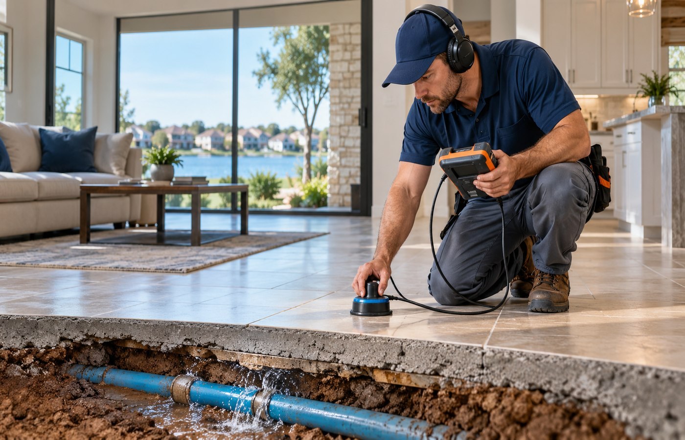 Technician using electronic leak detection equipment inside a Little Elm home with under-slab plumbing context