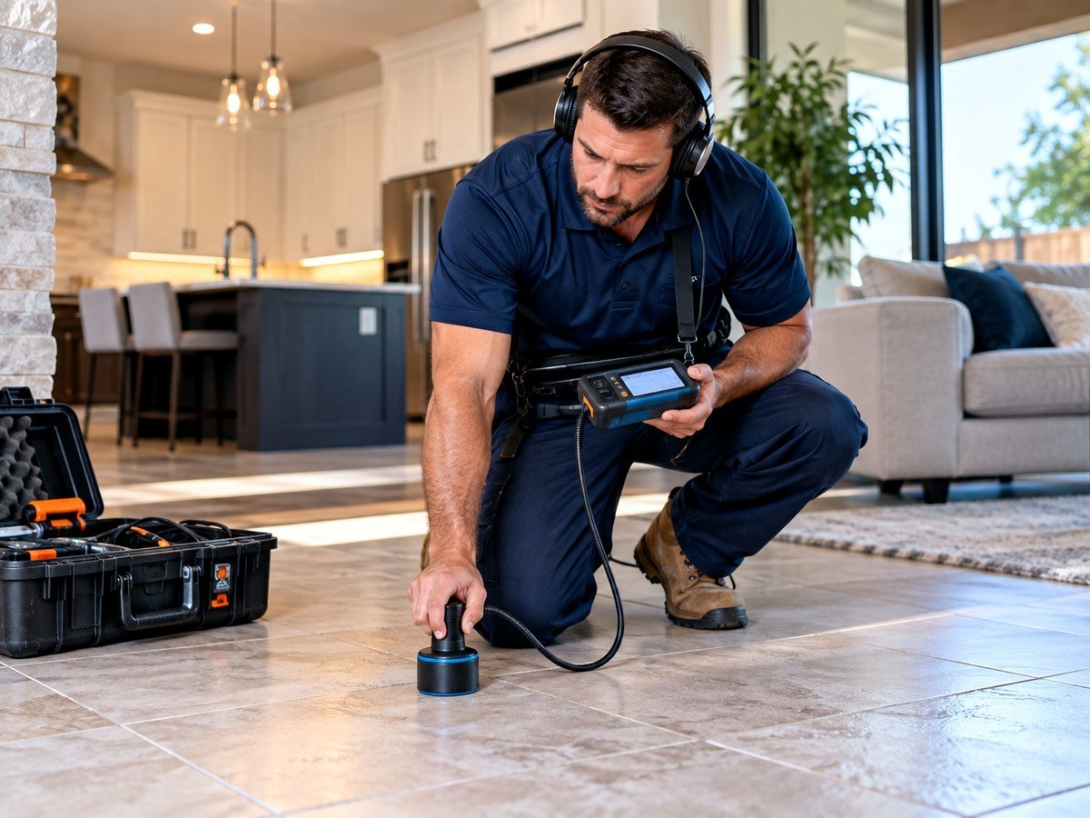 Plumber using a handheld electronic leak detection instrument on tiled flooring
